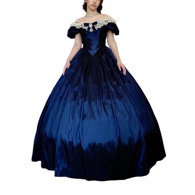 1880s Victorian Prom Dresses Crinoline Queen Princess Gothic Ball Gown Navy Blue Fantasy Elegant Vintage Party Wear Customized