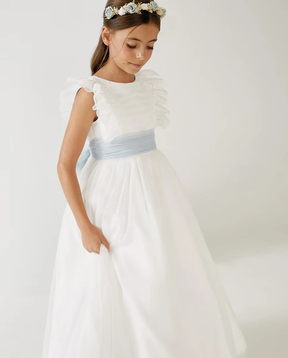 Girls Chiffon Flutter Sleeve Backless Flower Girl Dresses White First Communion Dress Blue Belt Bow