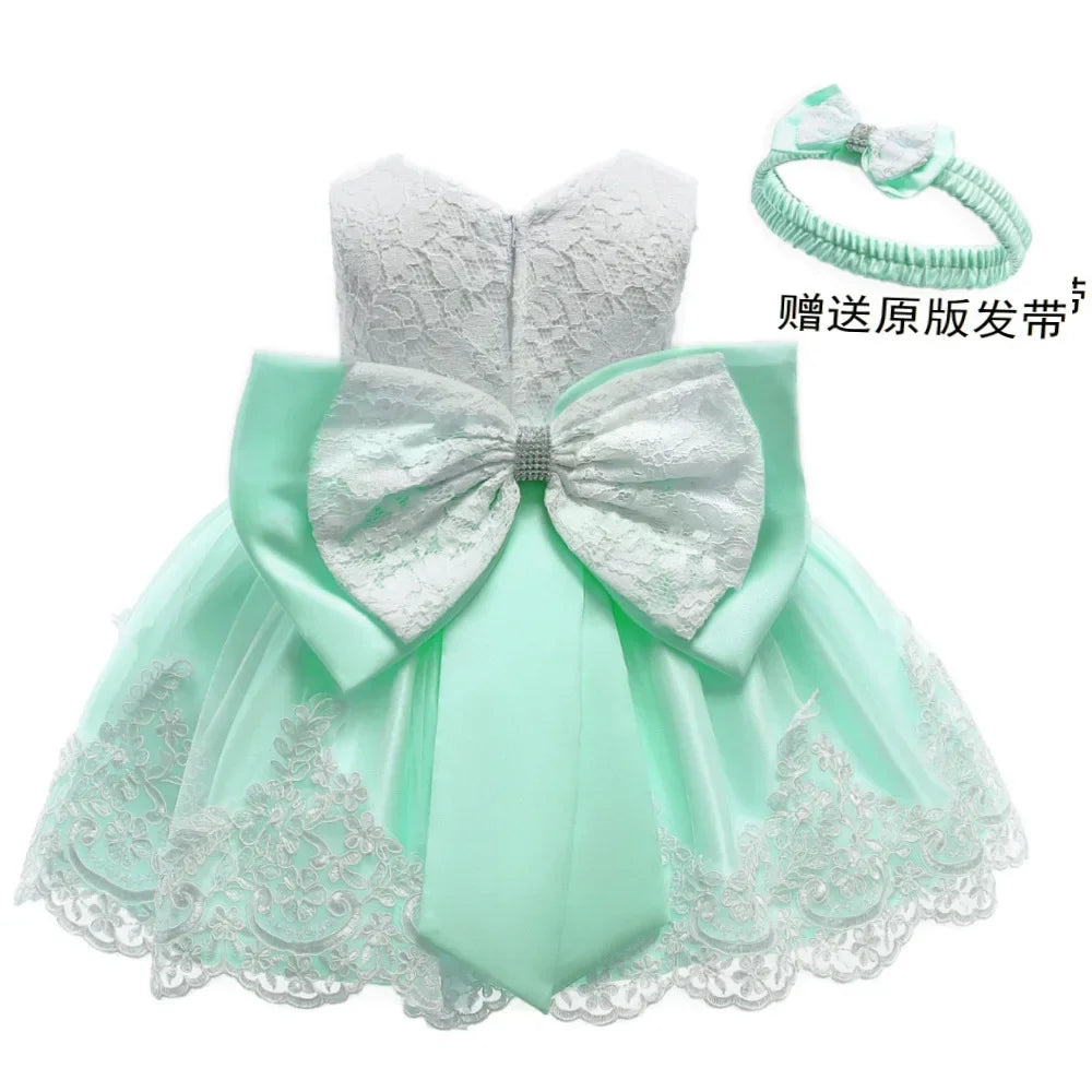 Baby Lace Dresses with Headband Formal Wedding Party Christening Dresses Toddler Girl Clothes Flower Girl Clothes