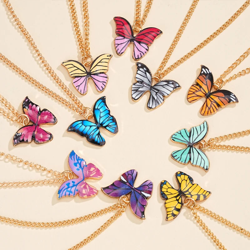 10 Pcs Fashion Butterfly Necklaces For Women Boho Vintage Colorful Simple Pendant Choker Chain 2024 New Jewelry Gifts Wholesale
