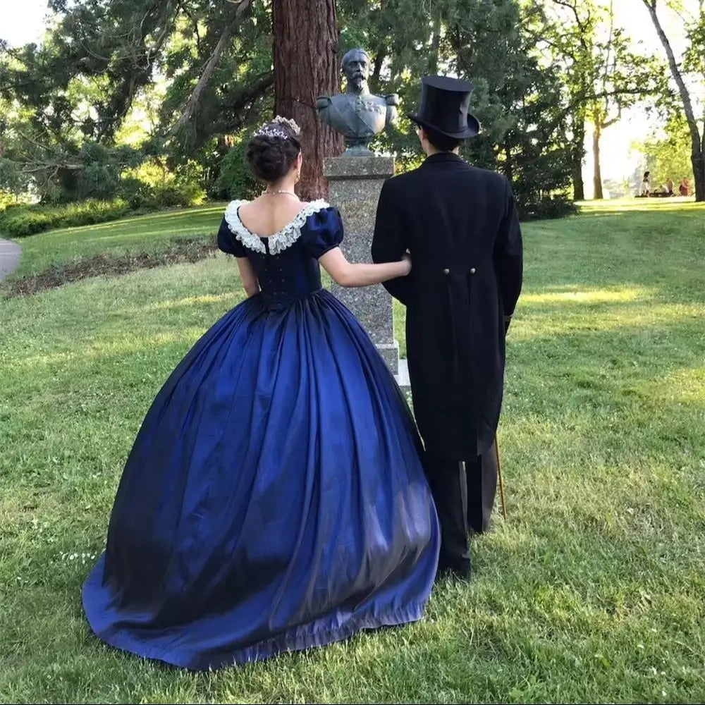 1880s Victorian Prom Dresses Crinoline Queen Princess Gothic Ball Gown Navy Blue Fantasy Elegant Vintage Party Wear Customized