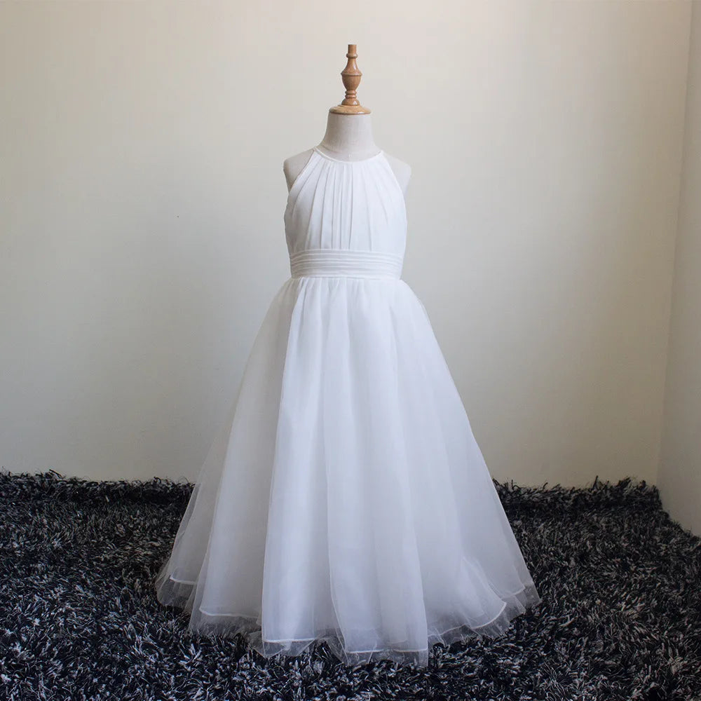 BABYONLINE Communion Girl Dress Simple Ivory Chiffon and Netting Halter Ball Gown Junior Mini Bridesmiad  Wedding Guest Party