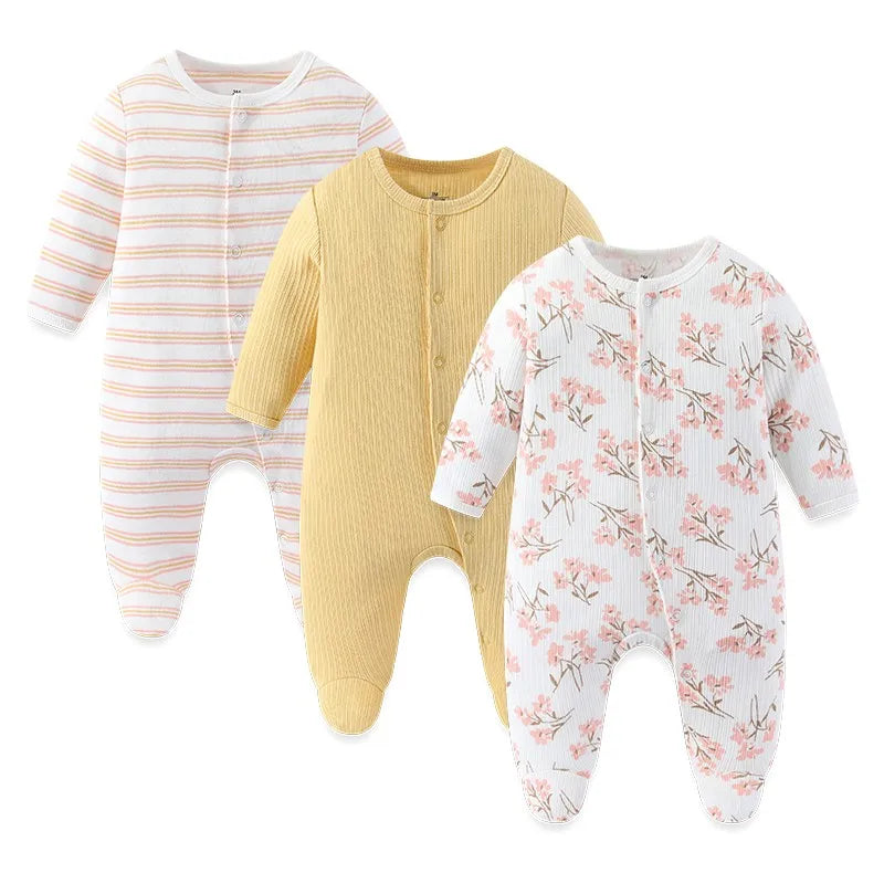 3pcs Newborn Baby Boy Clothes Long Sleeve 100% Cotton Baby Rompers Cartoon Baby Girl Clothes 0-12M Spring Solid Color Bebes