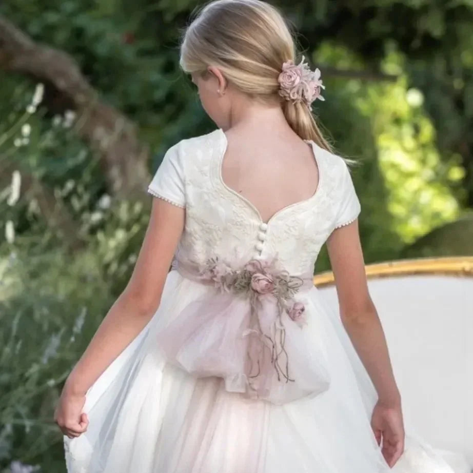 Communion Girl Dress White Vintage Princess Lace Floral Ribbon Belt Bridemini Bridesmaid Wedding Party A Line Gown
