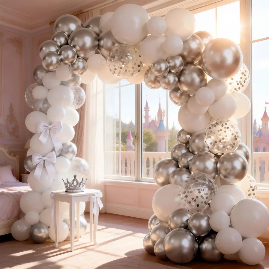 110Pcs Wedding White and Silver Balloon Garland Set 25.4cm Birthday Party, Wedding Decoration Supplies, Graduation Ceremony Party Decoration Balloons