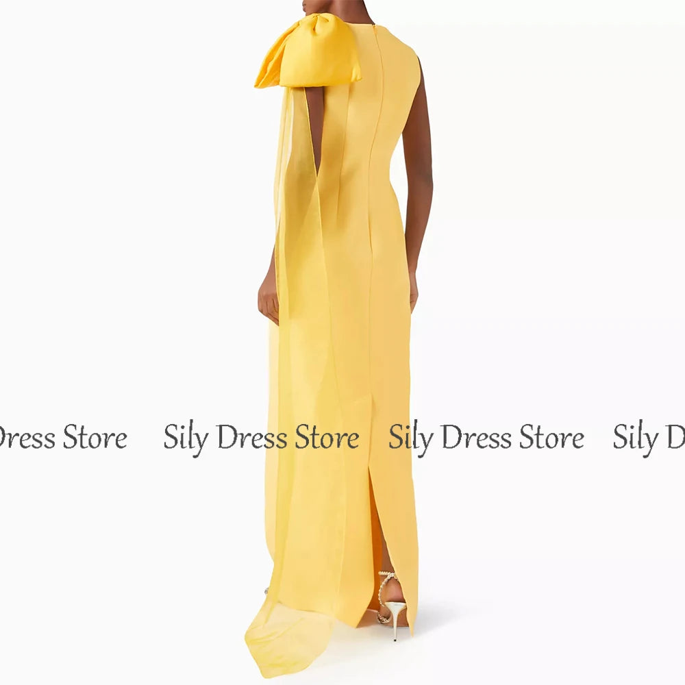 Chic Prom Dresses for Ladies Jersey Sheath/Column Formal Evening Dress Yellow O-Neck Bow Draped Split Bespoke Occasion Gown Long