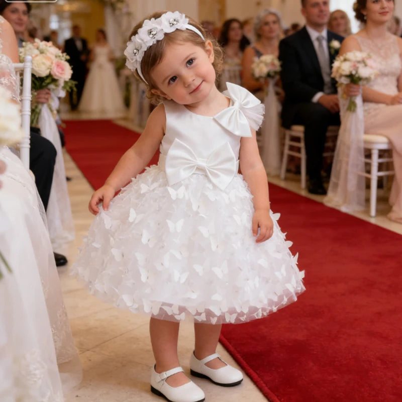 White Wedding Baby Girl Dress Bowknot Butterfly Tutu Dress Infant Toddler Flower Girls Baptism Birthday Dresses With Headband