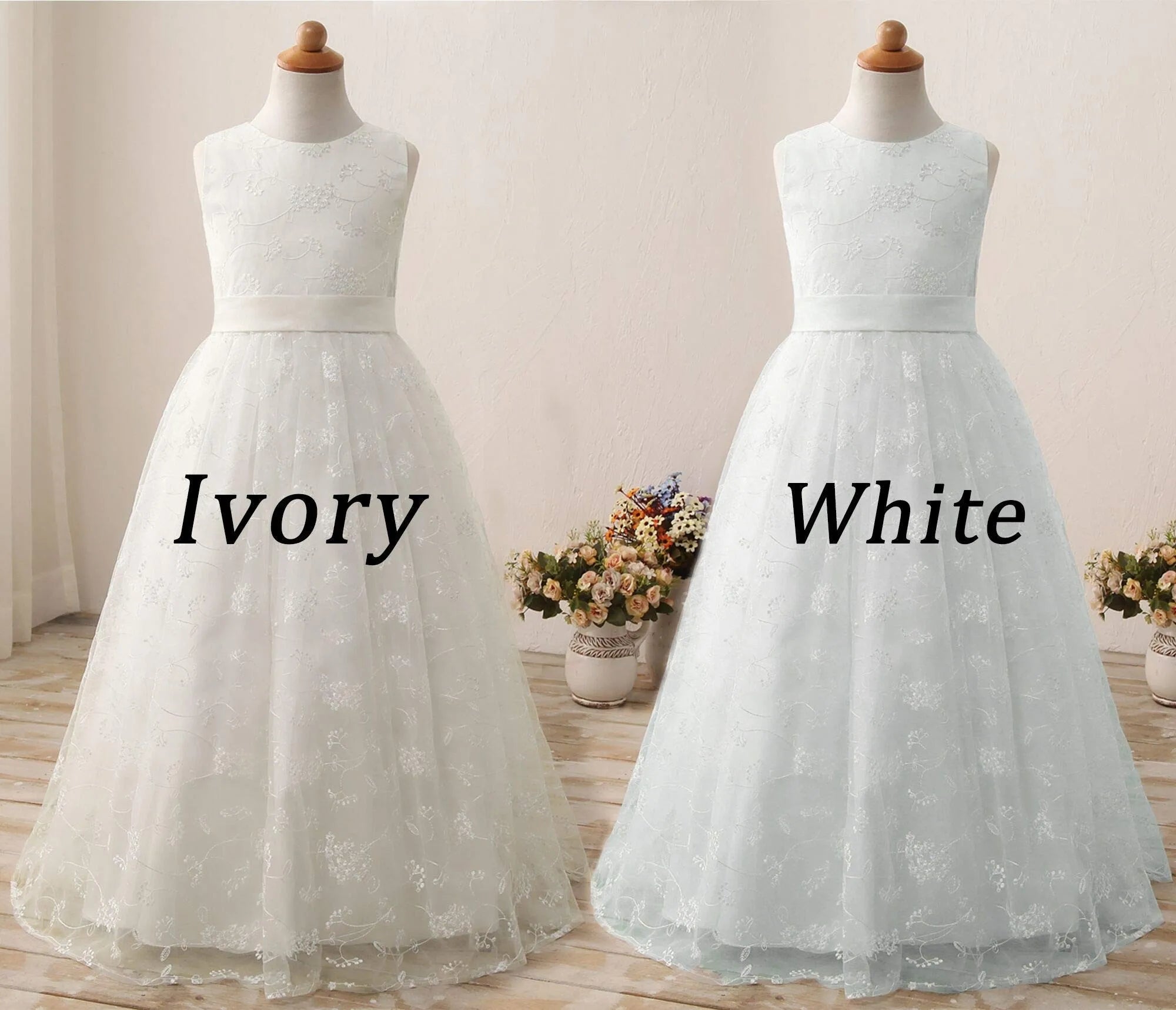 Chic Kids Long Communion Dress Lace Flower Girl Dresses Tulle Embroidered Satin Belt Boho Bridesmaid Dress 2-13 Years