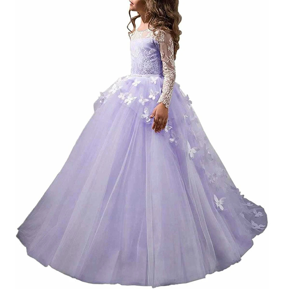 Vestidos De Primera Comunion 2025 Pink Long Sleeves Kids Princess Long Party Dress For Girls Costume For 2 3 4 5 6 7 8 13 Years