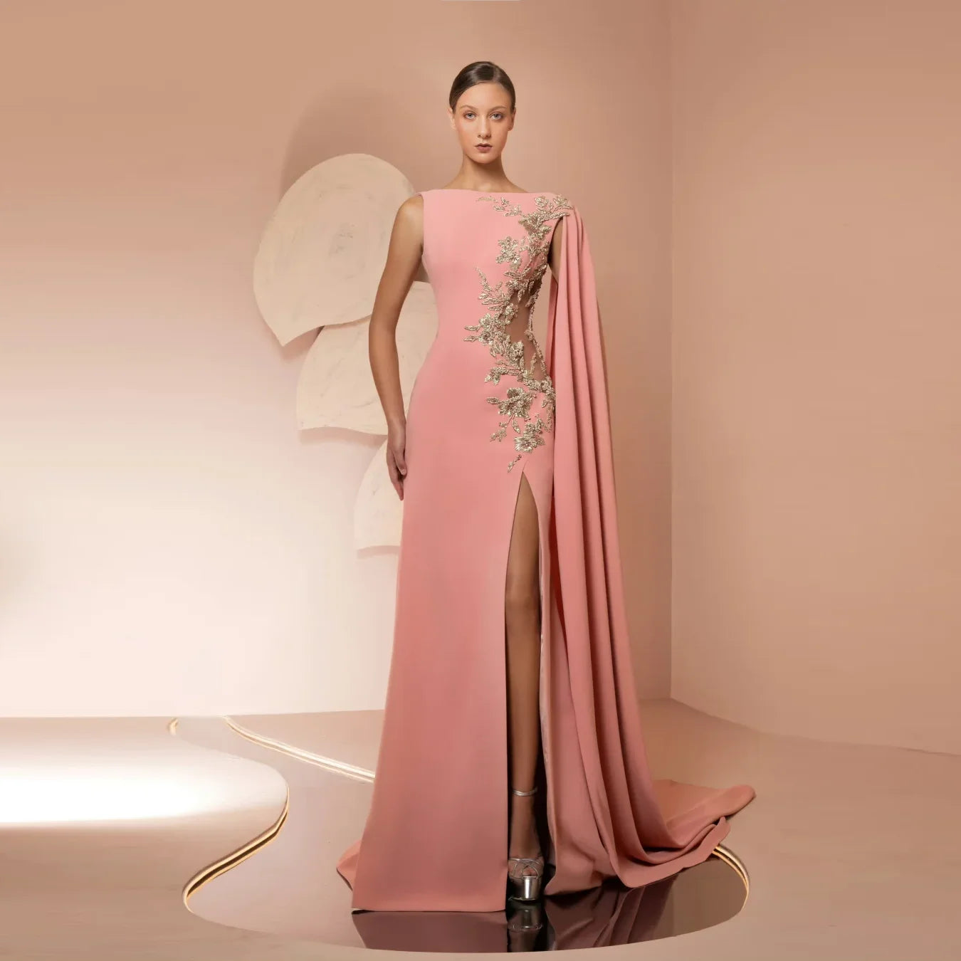 2025 Women Beaded Mermaid Formal Dress High Split Pink Floral Mermaid Gorgeous Maxi Dresses Arabic Long Prom Gowns