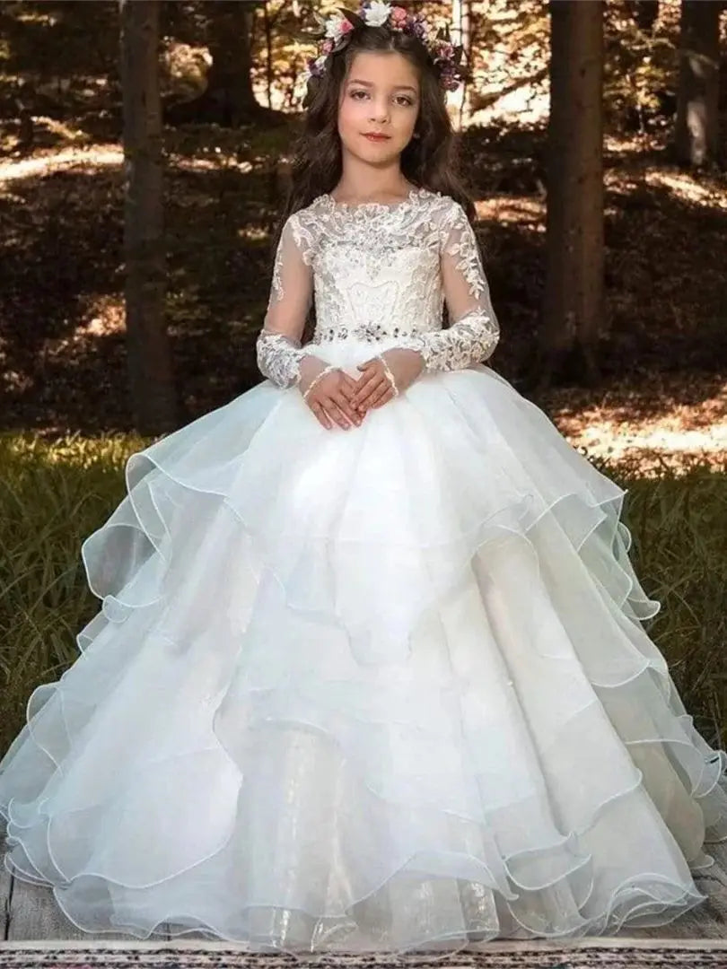 Communion Flower Girl Dresses Appliques Birthday White Tulle Tiered Party Banquet Holy With Bow Belt Long Sleeve