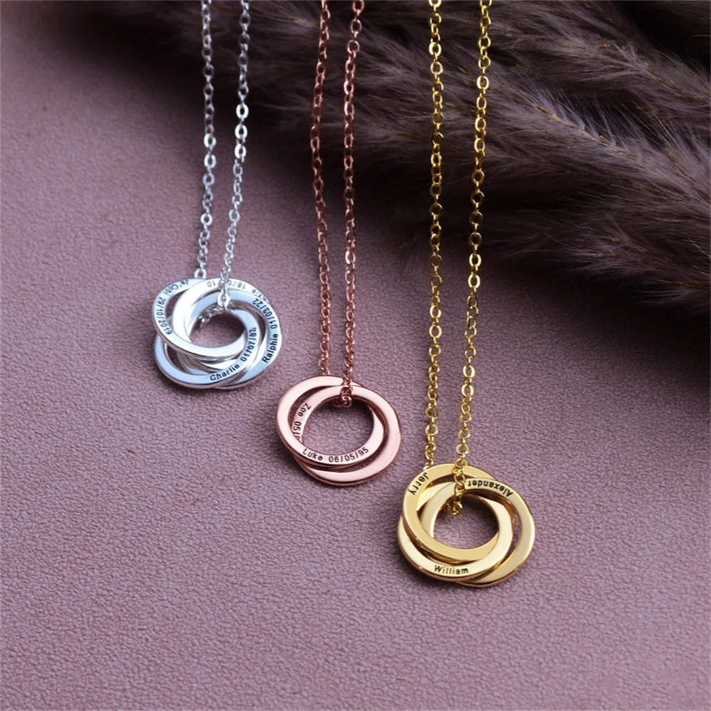 Engraved Childrens Name Linked Circle Necklace Custom Russian Ring Interlocking Round Necklaces Personalized Thanksgiving Gift