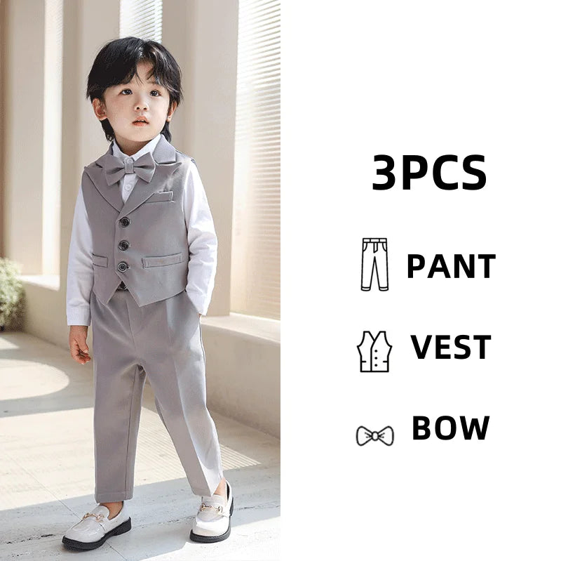 3Pcs Children Boys Black Blue Wedding Suit Teenager Kids Boy Piano Ceremony Tuxedo Suit Formal Vest Shirt Pants Bow Kid Boy Suit