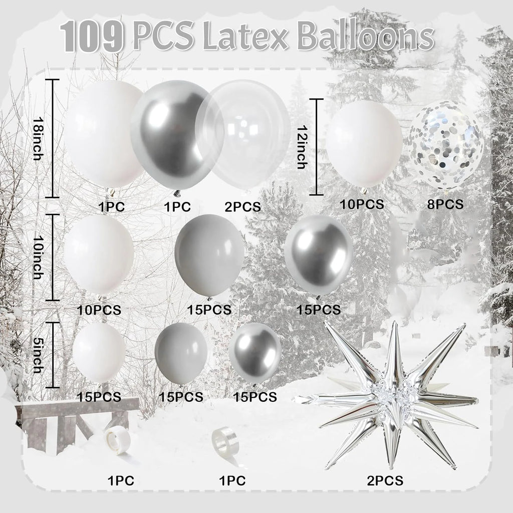 100 gray, silver, and white balloon sets with silver exploding star arches suitable for birthday, Christmas, New Year decoration