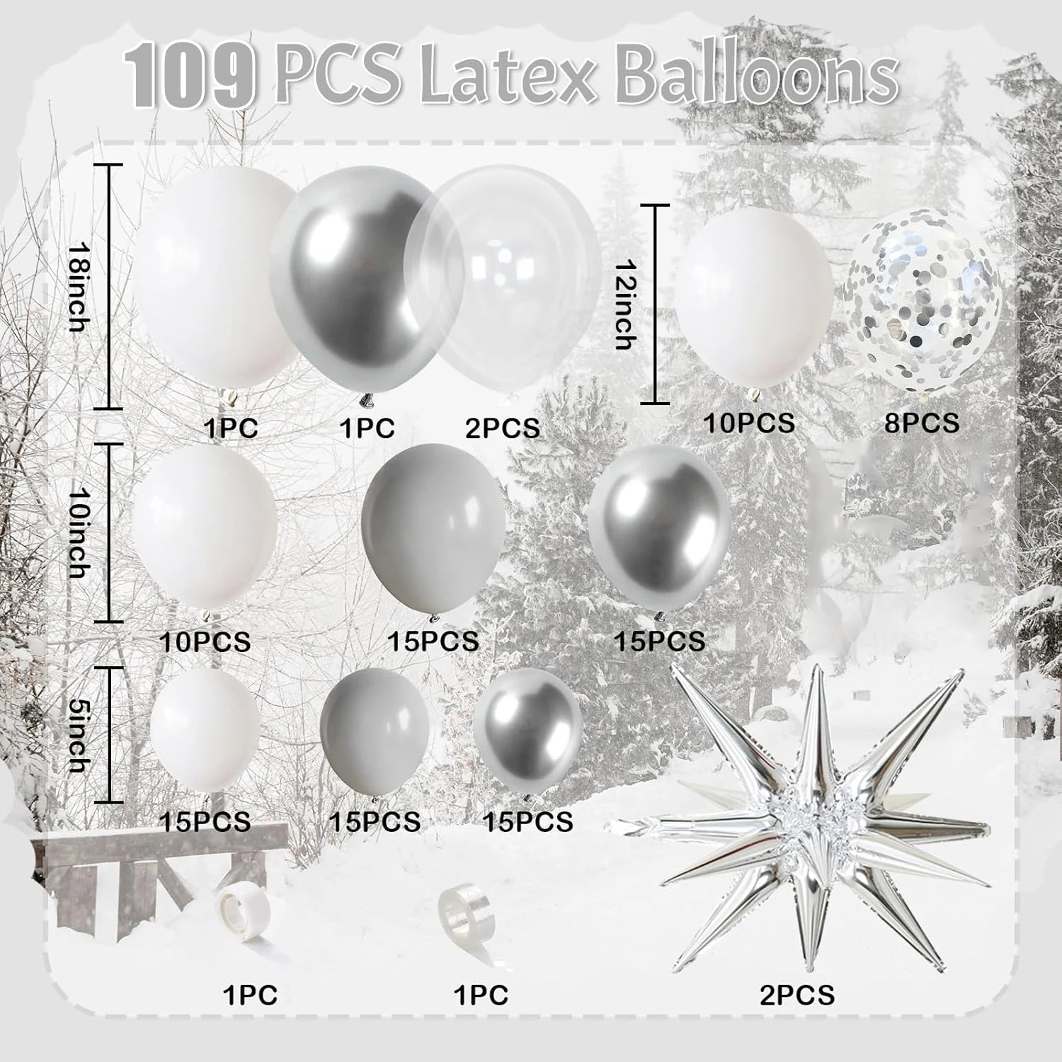 100 gray, silver, and white balloon sets with silver exploding star arches suitable for birthday, Christmas, New Year decoration