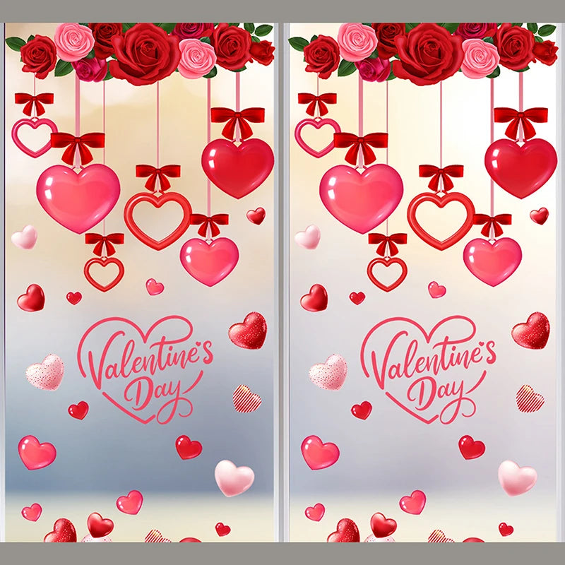1 Pcs Valentines Day Window Clings With Red Ribbon Romantic Heart Design Static Window Stickers Reusable Double-Sided