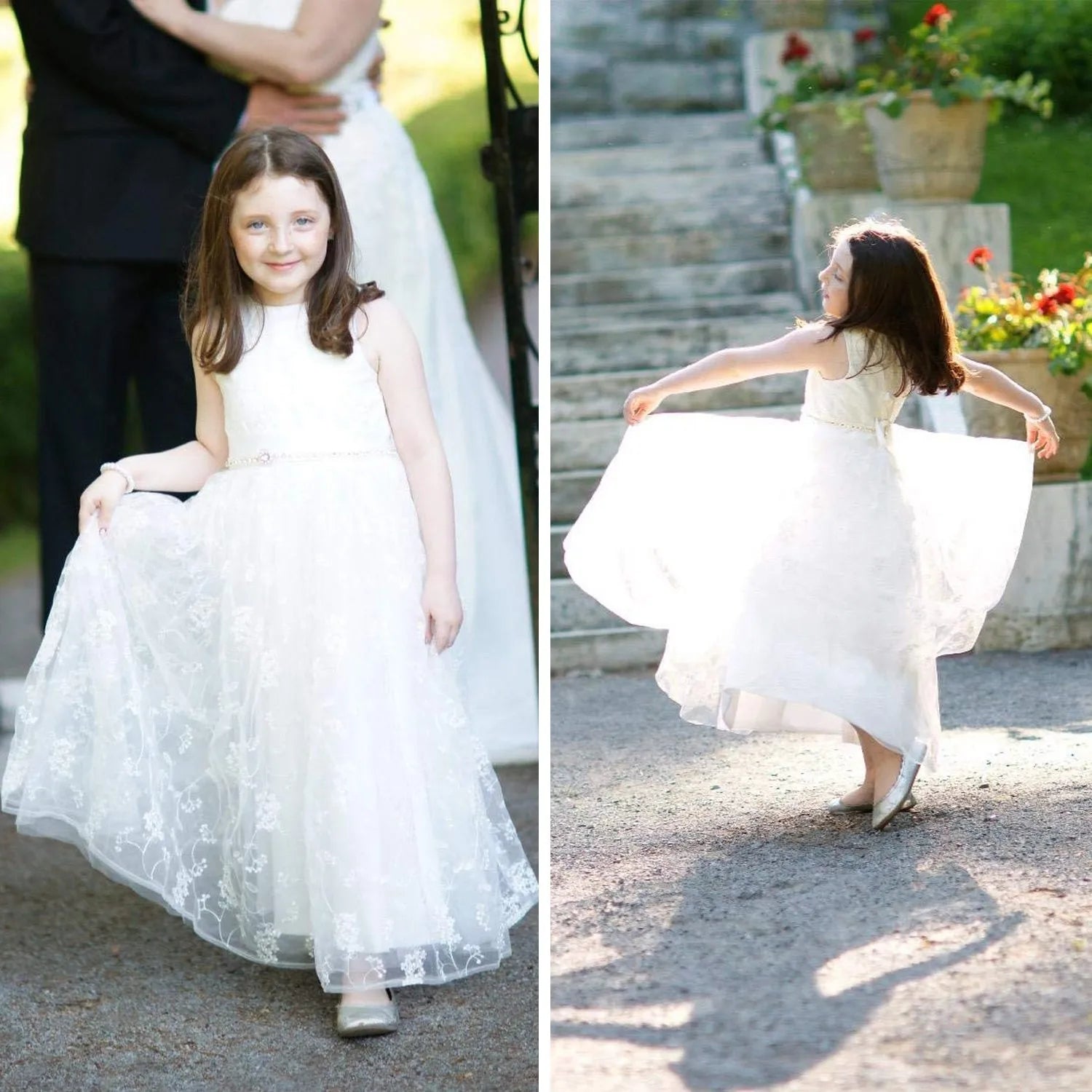 Chic Kids Long Communion Dress Lace Flower Girl Dresses Tulle Embroidered Satin Belt Boho Bridesmaid Dress 2-13 Years