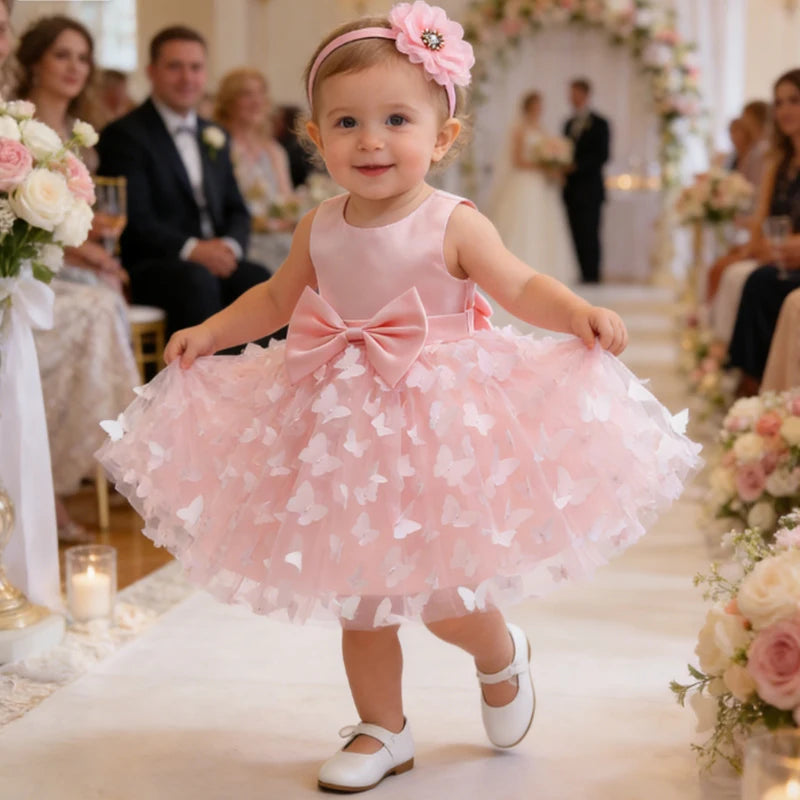 White Wedding Baby Girl Dress Bowknot Butterfly Tutu Dress Infant Toddler Flower Girls Baptism Birthday Dresses With Headband