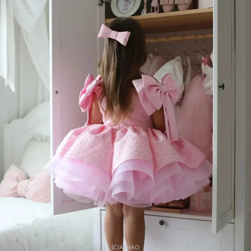 Party Dress 2025 Children Lovely Kids Birthday First Communion Ball Gowns Pink Flower Girl for Wedding Sequins Beading with Bow