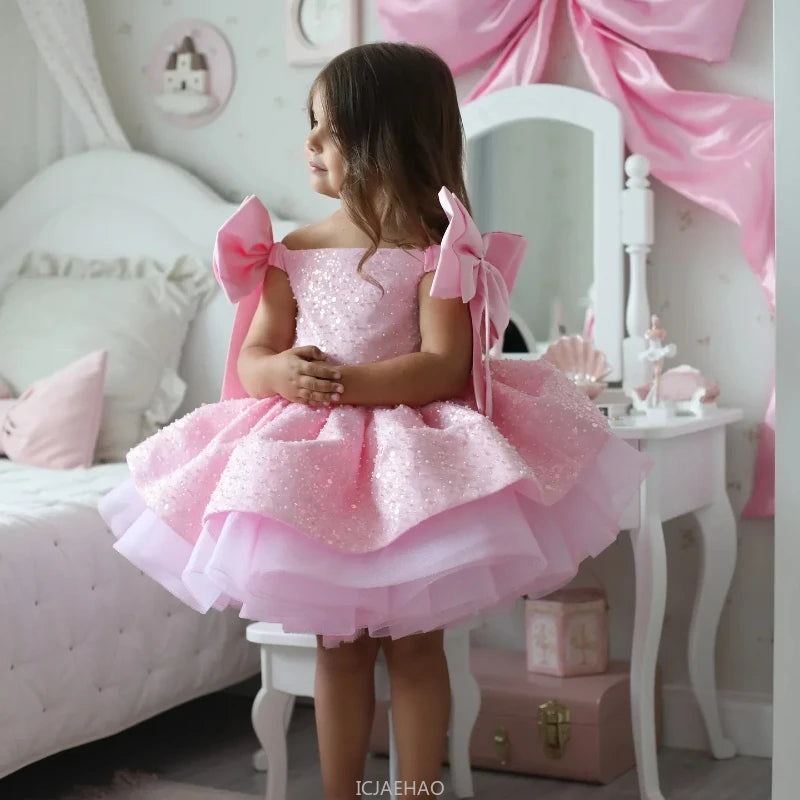 Party Dress 2025 Children Lovely Kids Birthday First Communion Ball Gowns Pink Flower Girl for Wedding Sequins Beading with Bow