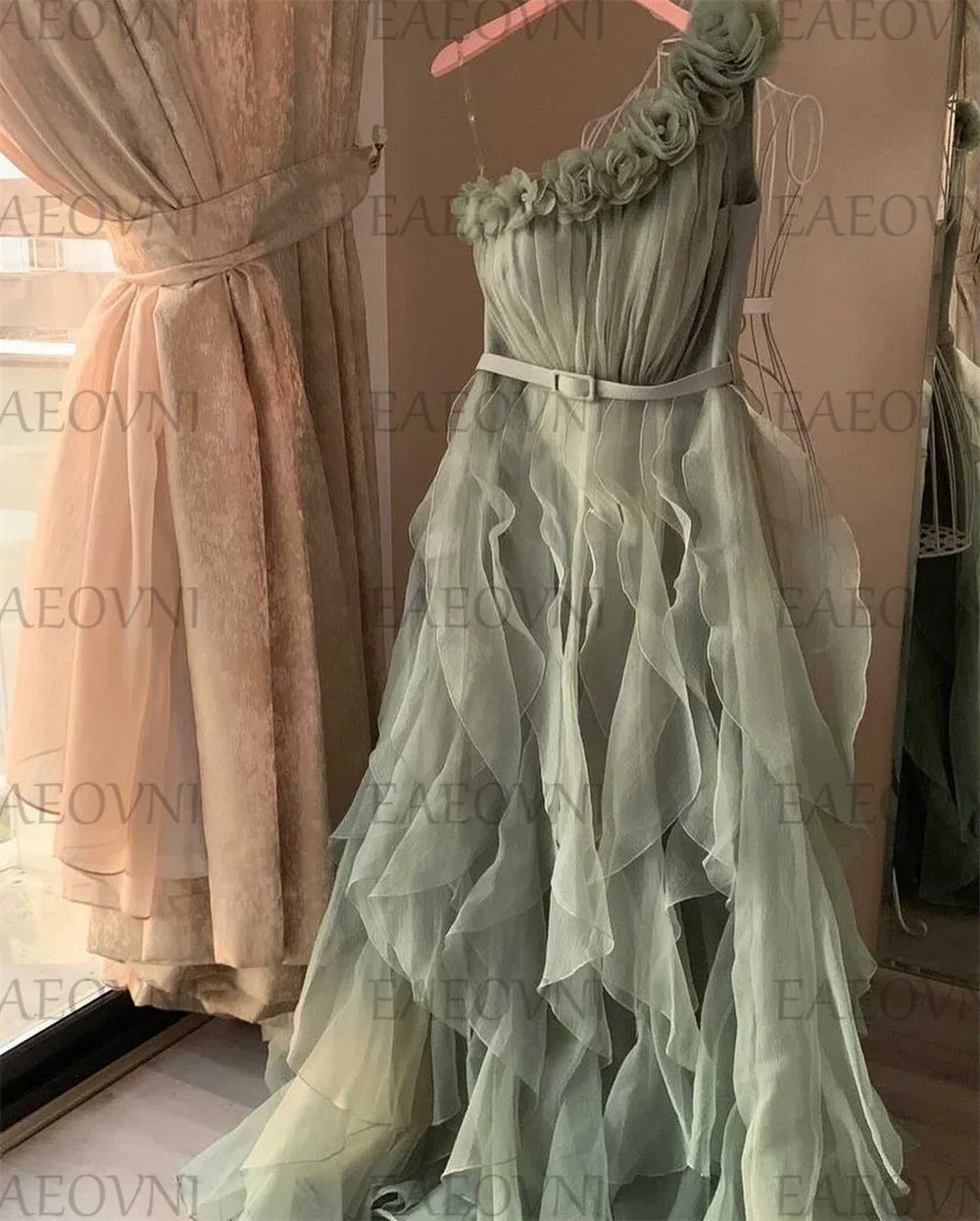 Customized Romantic Prom Dresses One-Shoulder 3D Appliques Pleat Ruffle Sleeveless Exquisite High Quality Party Gown for Women
