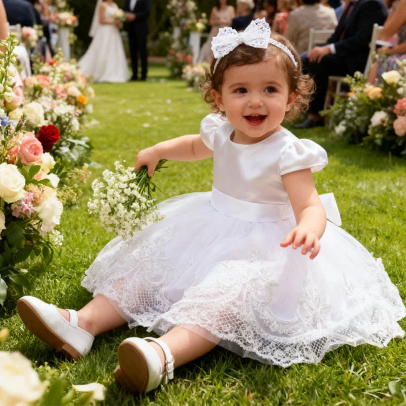 White Dresses For Baby Girl 1st Birthday Party Dress Backless Bow Cute Baby Baptism Gown Kids Wedding Elegant Princess Dress
