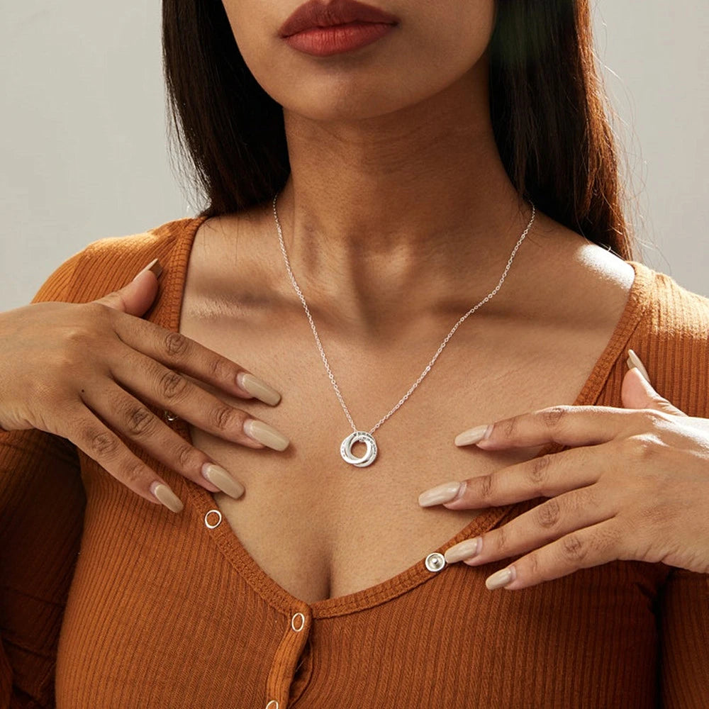 Engraved Childrens Name Linked Circle Necklace Custom Russian Ring Interlocking Round Necklaces Personalized Thanksgiving Gift