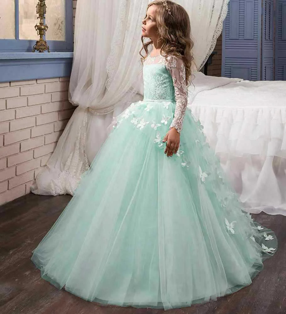 Vestidos De Primera Comunion 2025 Pink Long Sleeves Kids Princess Long Party Dress For Girls Costume For 2 3 4 5 6 7 8 13 Years
