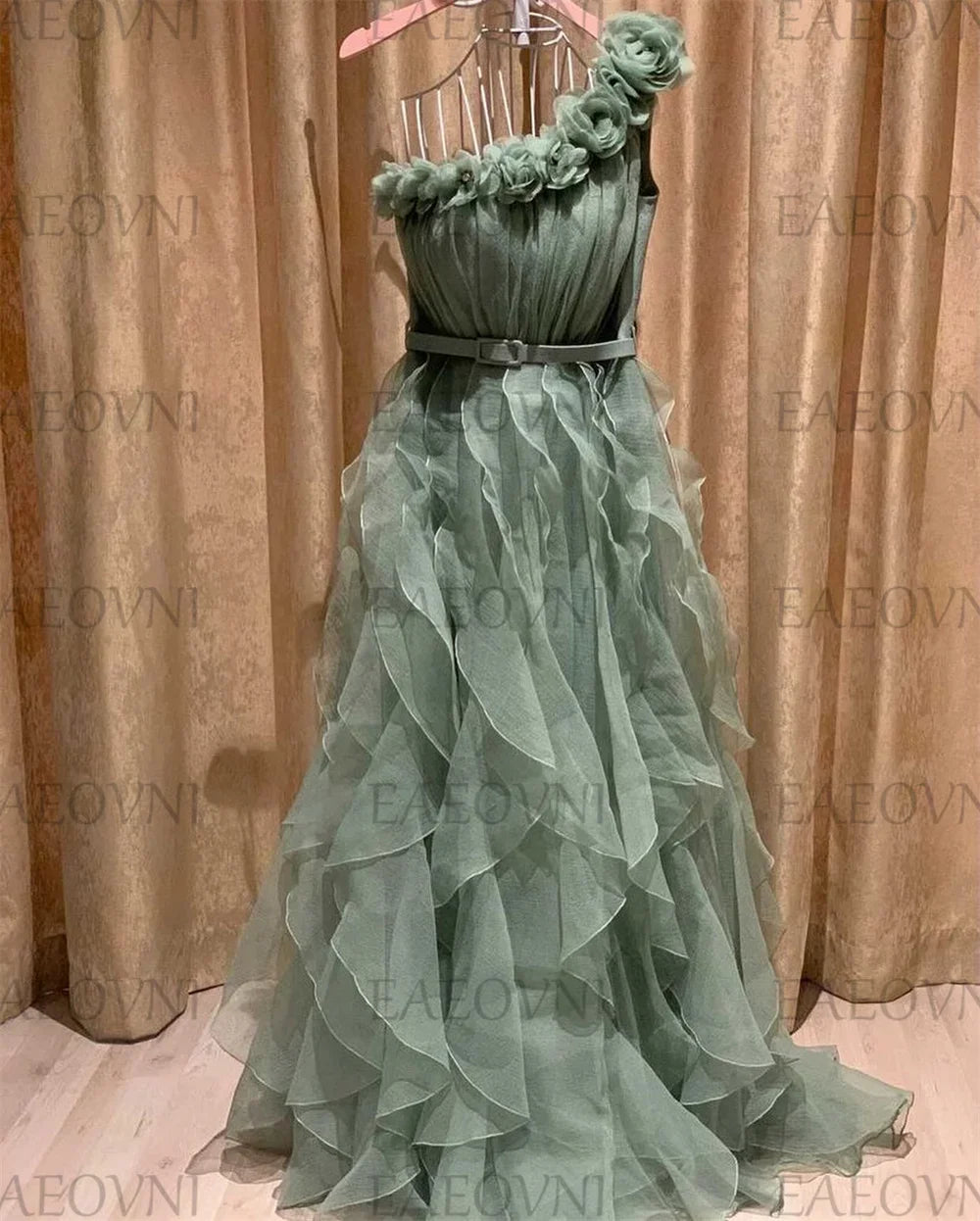 Customized Romantic Prom Dresses One-Shoulder 3D Appliques Pleat Ruffle Sleeveless Exquisite High Quality Party Gown for Women