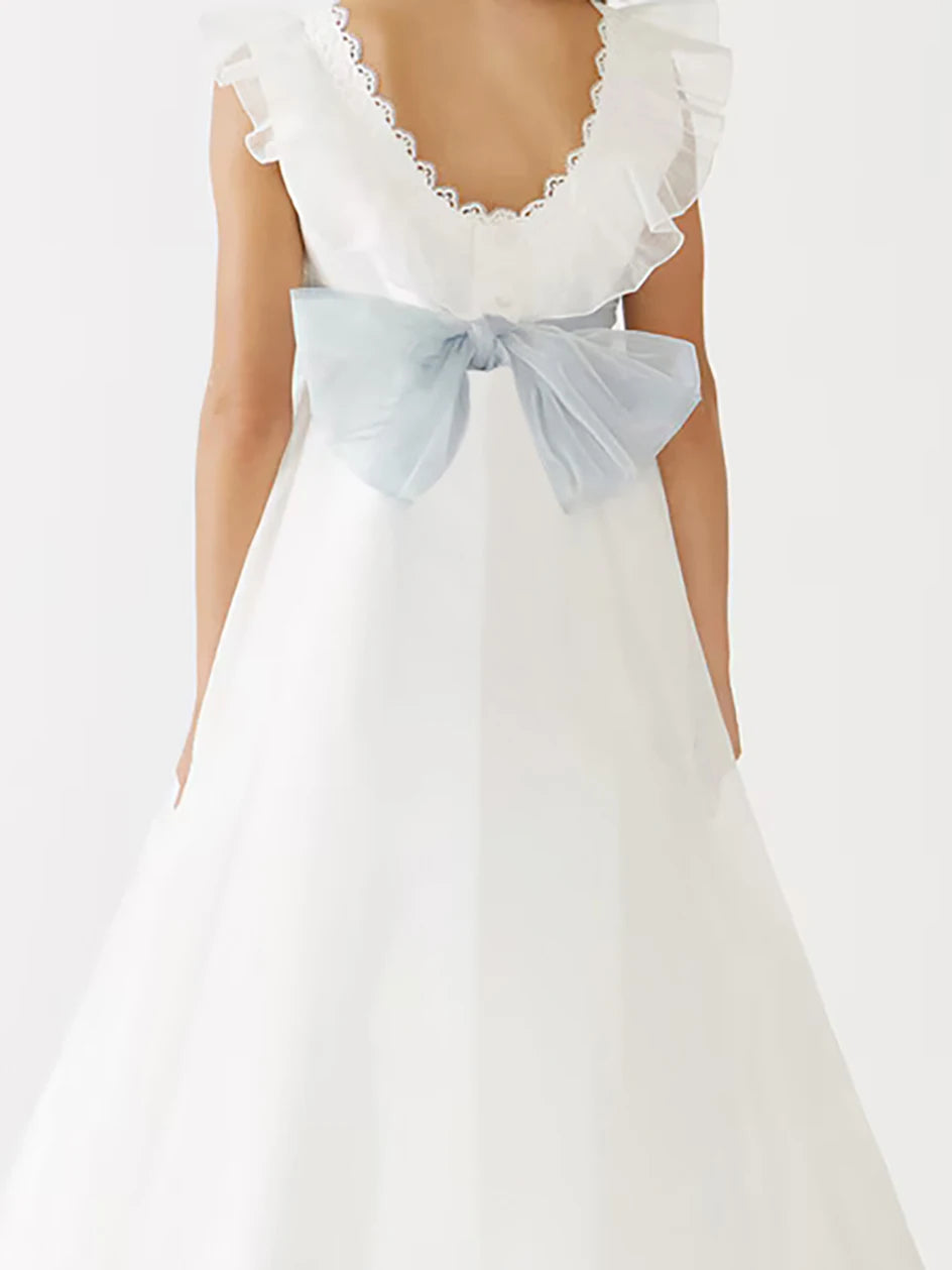 Girls Chiffon Flutter Sleeve Backless Flower Girl Dresses White First Communion Dress Blue Belt Bow