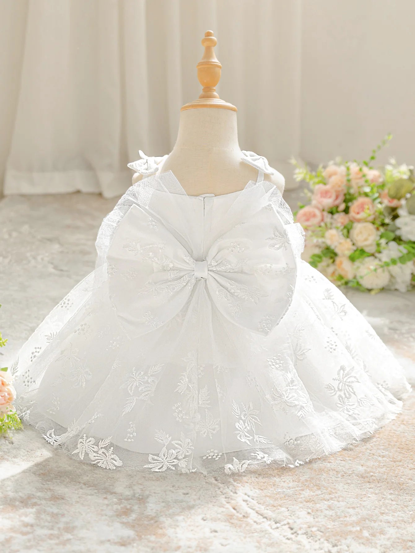 Toddler Baptism Party Girl Dress Baby Big Bow Lace White Wedding Bridesmaids Princess Prom Gown Embroidery Girls Evening Dresses