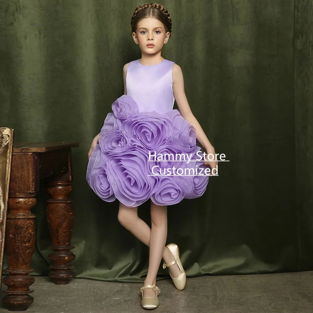 New Flower Girl Dress Customized Sleeveless Round Neck Ruffles Flowers Birthday Party Gown First Communion Dresses