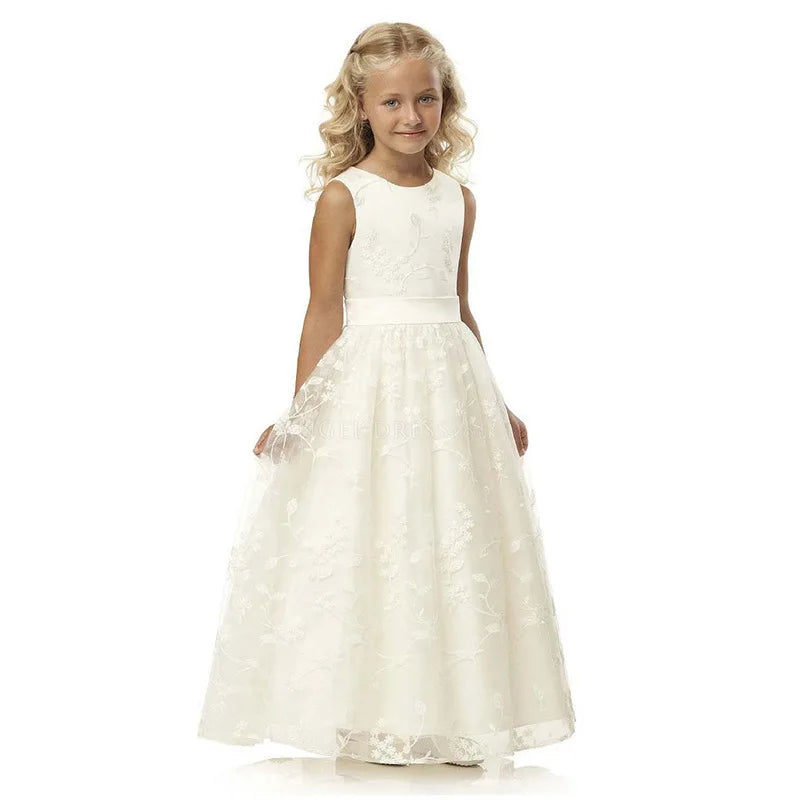 Chic Kids Long Communion Dress Lace Flower Girl Dresses Tulle Embroidered Satin Belt Boho Bridesmaid Dress 2-13 Years