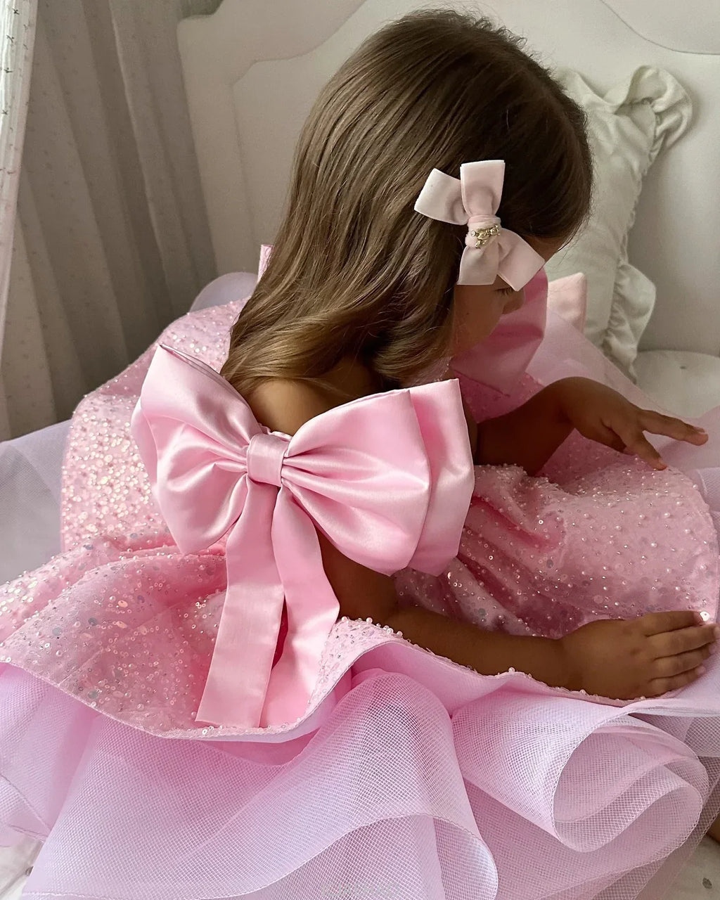 Party Dress 2025 Children Lovely Kids Birthday First Communion Ball Gowns Pink Flower Girl for Wedding Sequins Beading with Bow