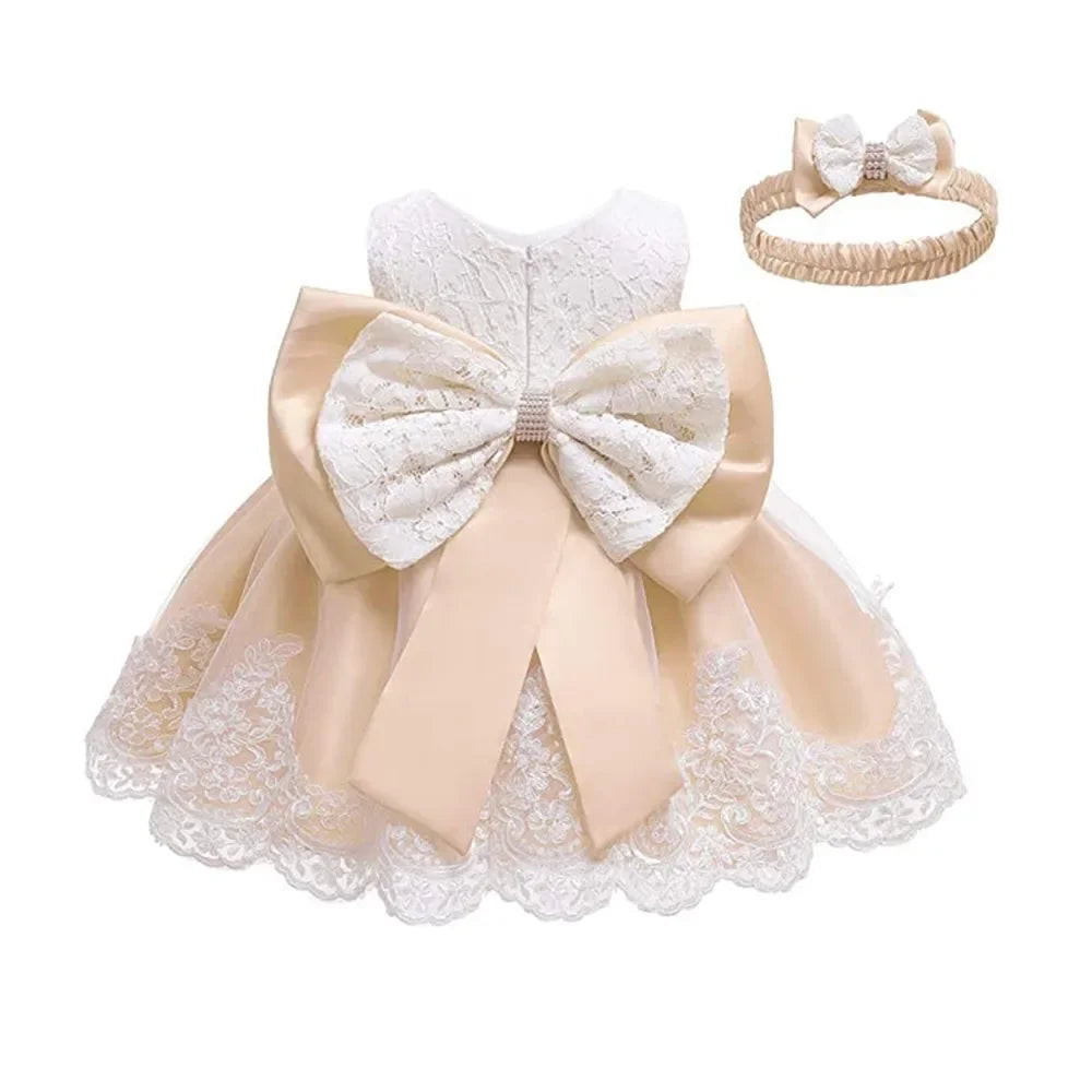 Baby Lace Dresses with Headband Formal Wedding Party Christening Dresses Toddler Girl Clothes Flower Girl Clothes