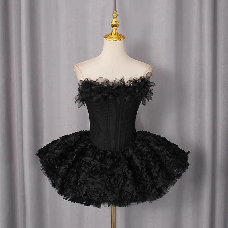 Pink Evening Dress 2 Pcs Skirt Set Sexy Corset Top Bra+Short Pants Party Robe 3D Flower Lace Up Back Formal Prom Wedding Gown