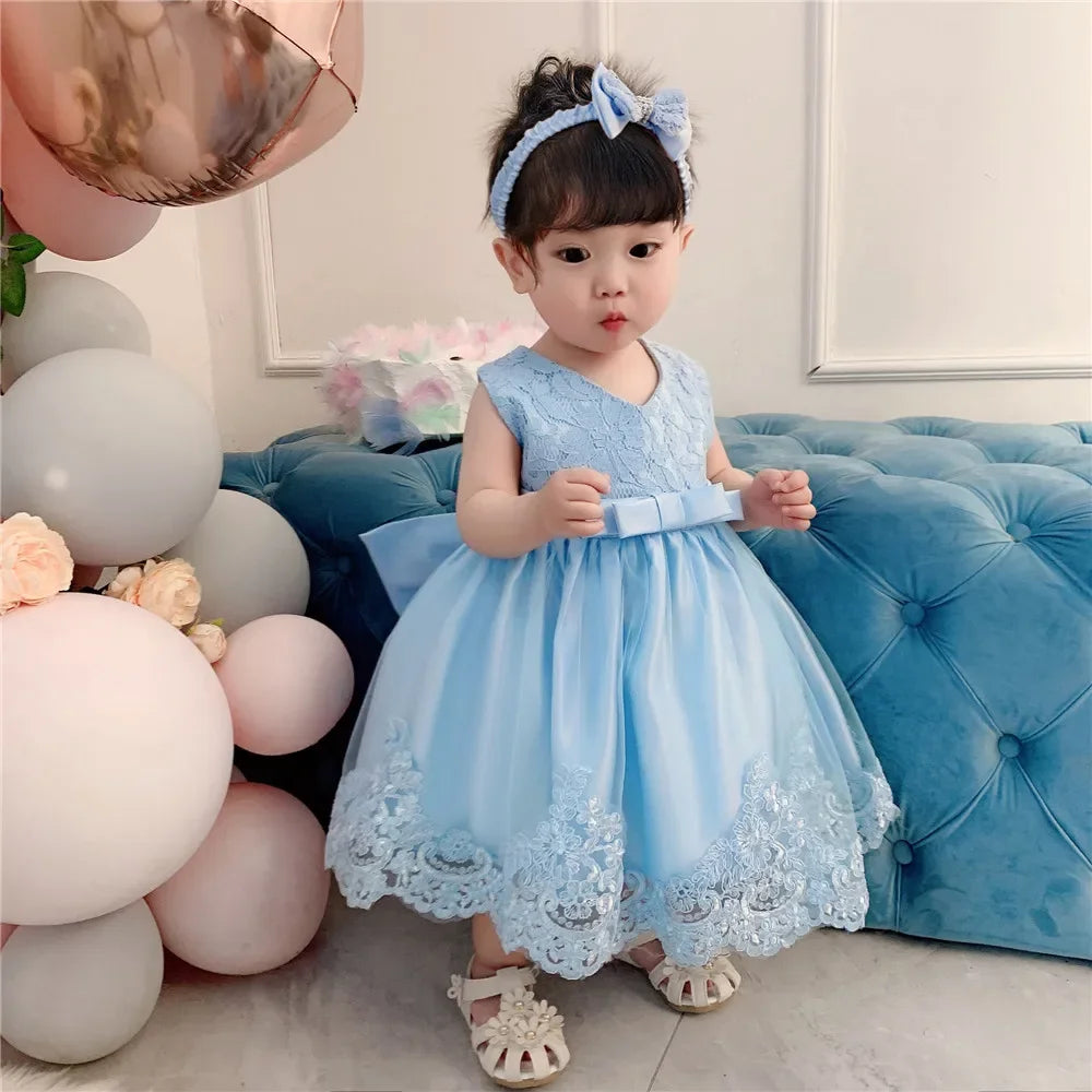 Baby Lace Dresses with Headband Formal Wedding Party Christening Dresses Toddler Girl Clothes Flower Girl Clothes