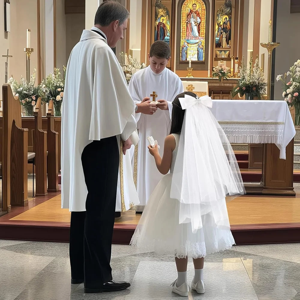 Girls First Communion White Bow Cross Veil Headwear First Holy Communion Dress Up Accessory Keepsake Communion Party Supplies