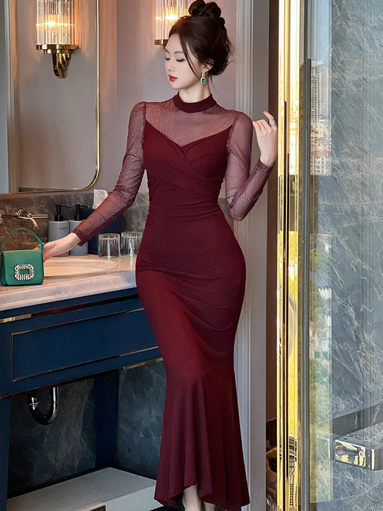 Elegant Prom Dress Women Fashion Sexy Sheer Mesh Spliced Bodycon Fishtail Robe Female Evening Party Vestidos Christmas