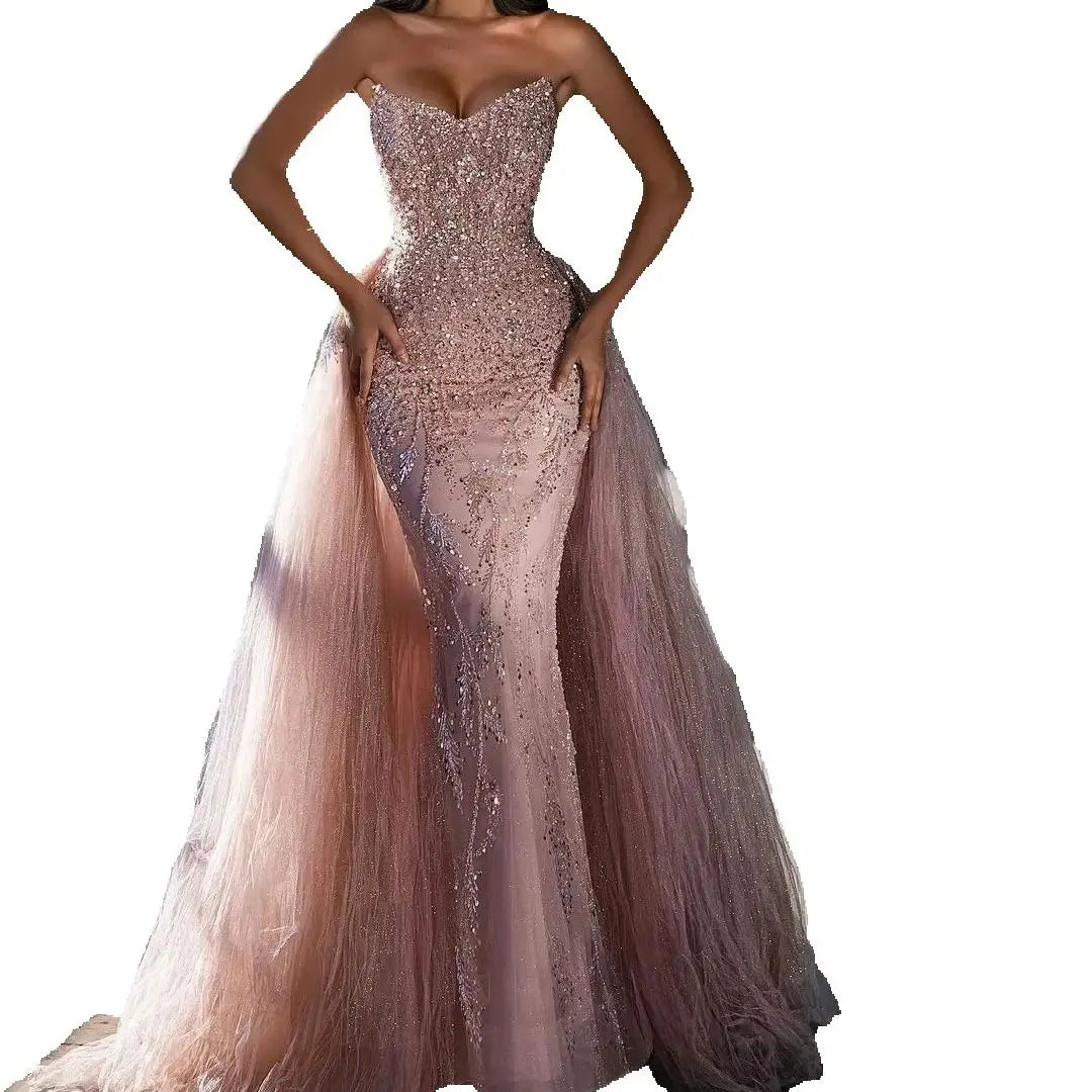 Sparking Prom Dresses Off Shoulder Sequins Sleeveless Evening Dress With Tulle Overskirt Floor Length Celebrity Party Gown