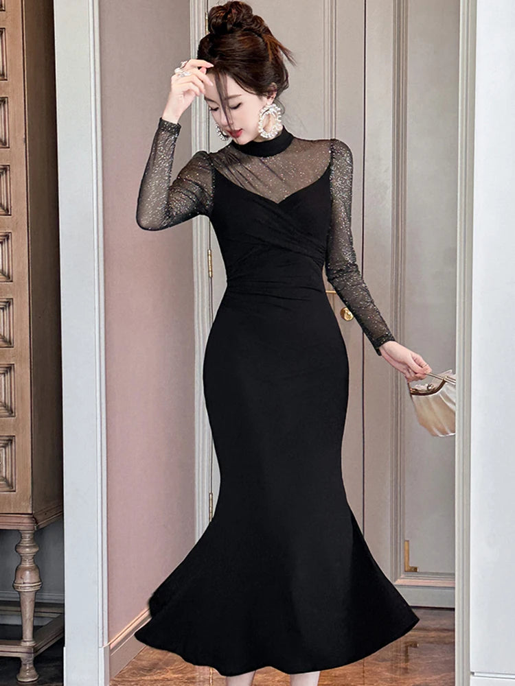 Elegant Prom Dress Women Fashion Sexy Sheer Mesh Spliced Bodycon Fishtail Robe Female Evening Party Vestidos Christmas