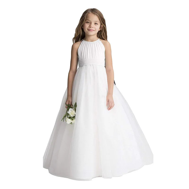 BABYONLINE Communion Girl Dress Simple Ivory Chiffon and Netting Halter Ball Gown Junior Mini Bridesmiad  Wedding Guest Party