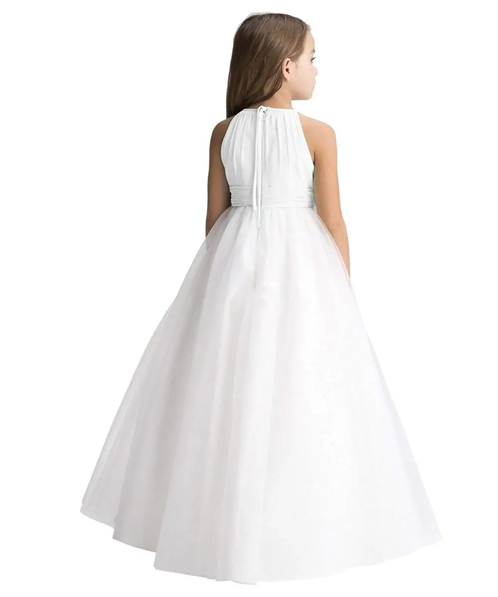 BABYONLINE Communion Girl Dress Simple Ivory Chiffon and Netting Halter Ball Gown Junior Mini Bridesmiad  Wedding Guest Party