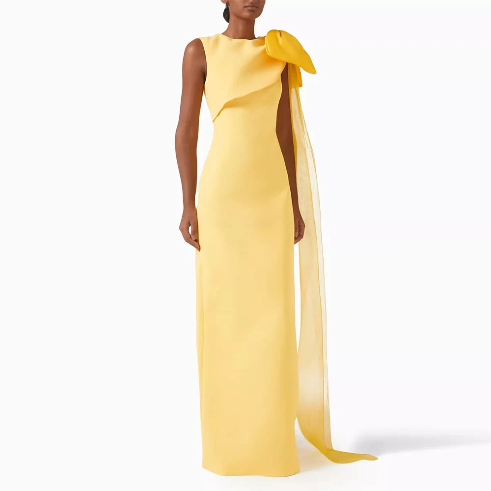 Chic Prom Dresses for Ladies Jersey Sheath/Column Formal Evening Dress Yellow O-Neck Bow Draped Split Bespoke Occasion Gown Long