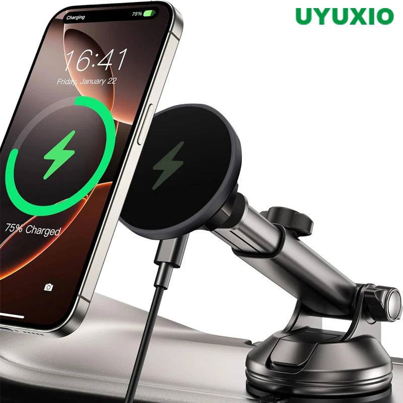 UYUXIO Magnetic Wireless Car Charger 15W Fast Charging Windshield Dashboard Car Mount Phone Holder for iPhone 16 13 12 15 14
