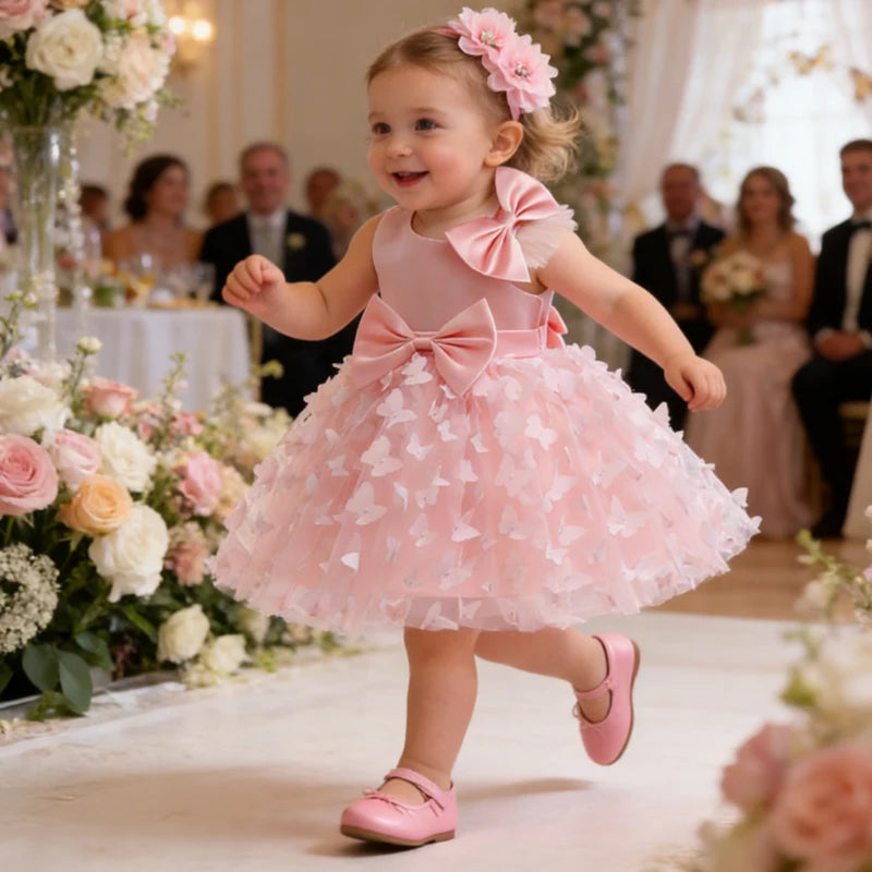 White Wedding Baby Girl Dress Bowknot Butterfly Tutu Dress Infant Toddler Flower Girls Baptism Birthday Dresses With Headband