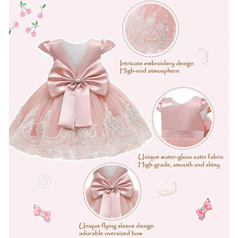 Infant Baby Embroidery Gown Elegant Girl Dress Satin Big Bow Tulle Dress V Back Prom Wedding Birthday Party Formal Baptism Dress