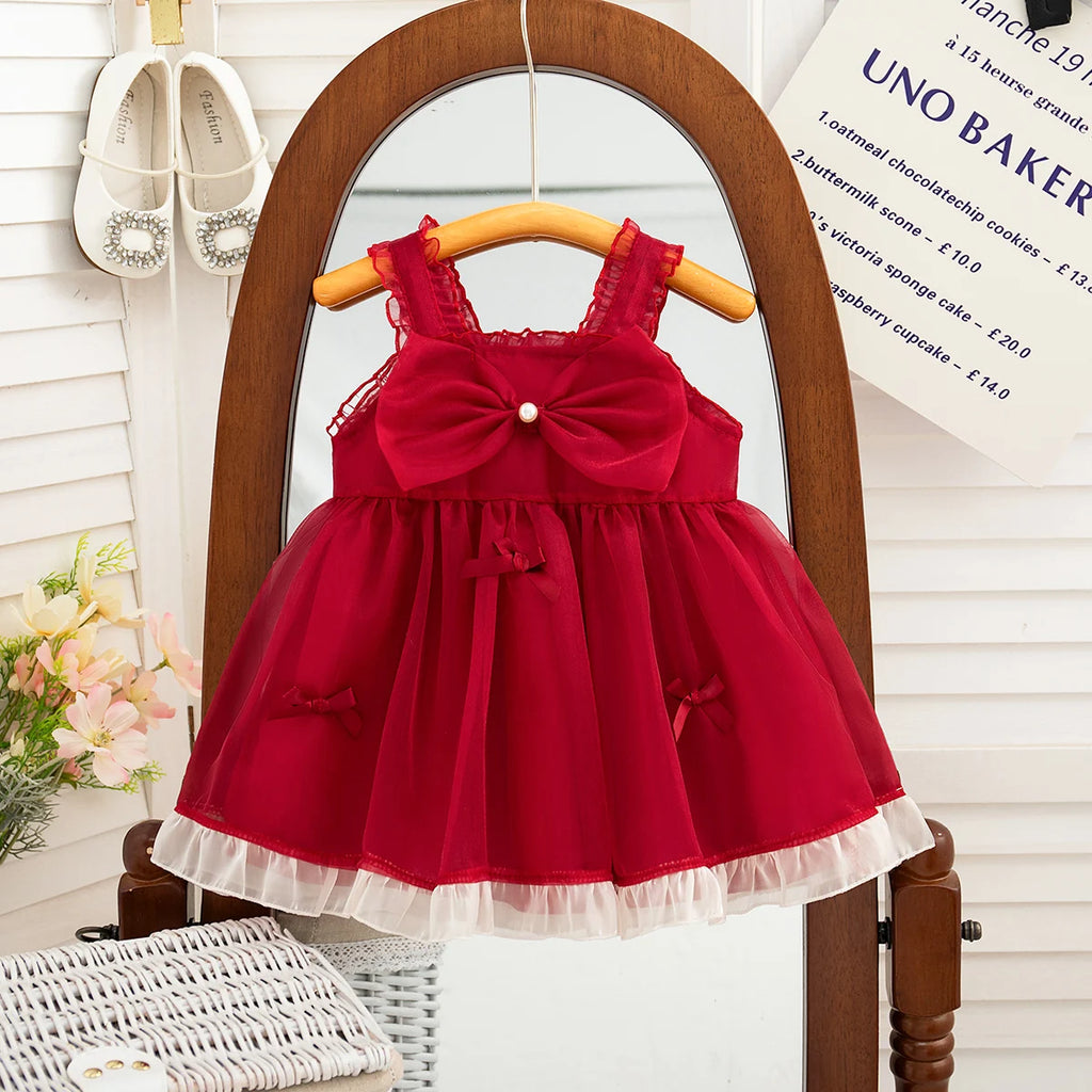 Newborn Girl Dress Lace Bow Children Summer Red Evening Party Princess Dress Baby Girl Birthday Gift