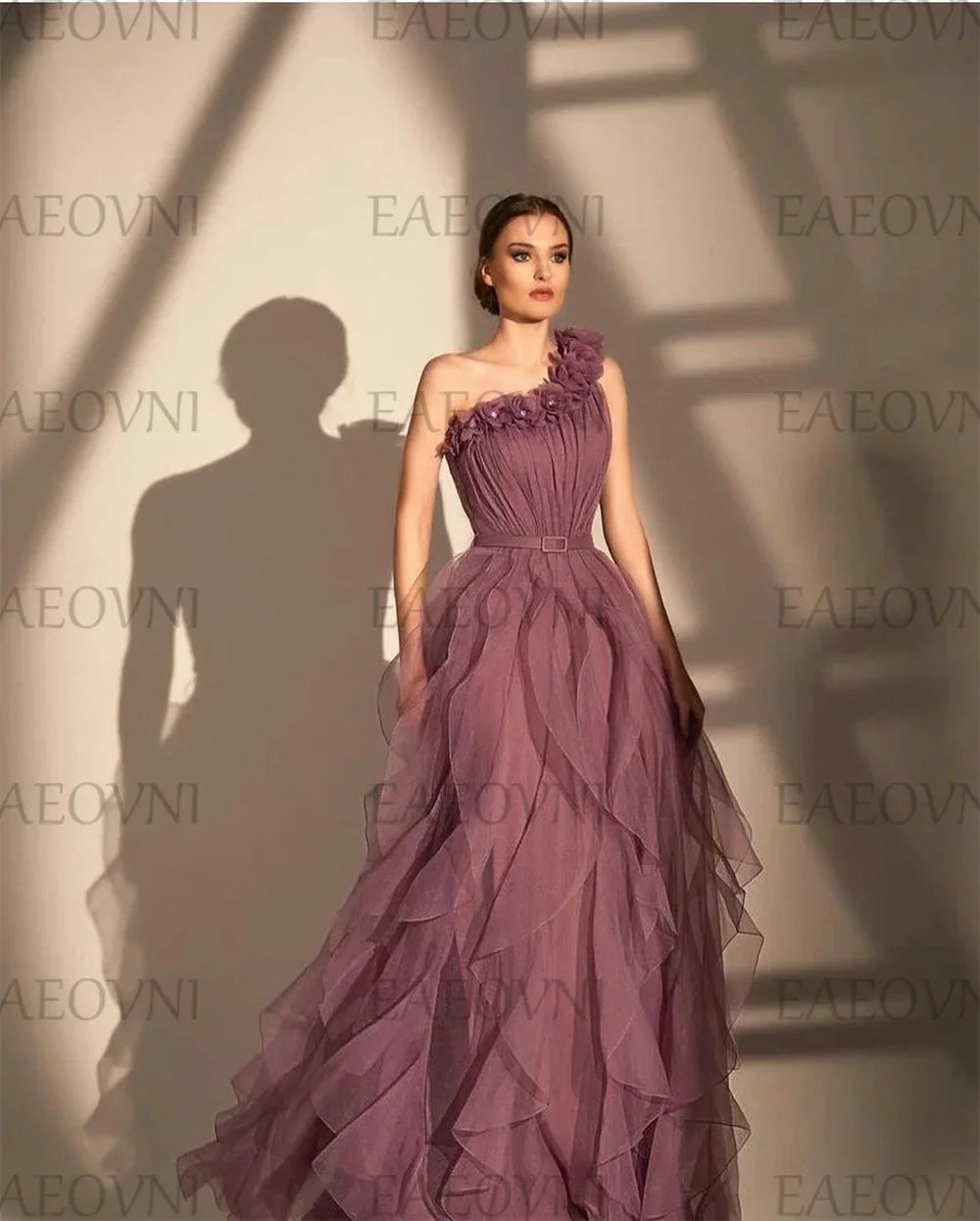 Customized Romantic Prom Dresses One-Shoulder 3D Appliques Pleat Ruffle Sleeveless Exquisite High Quality Party Gown for Women