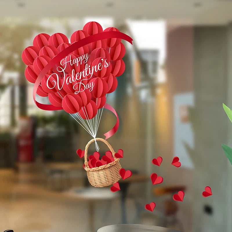 1 Pcs Valentines Day Window Clings With Red Ribbon Romantic Heart Design Static Window Stickers Reusable Double-Sided